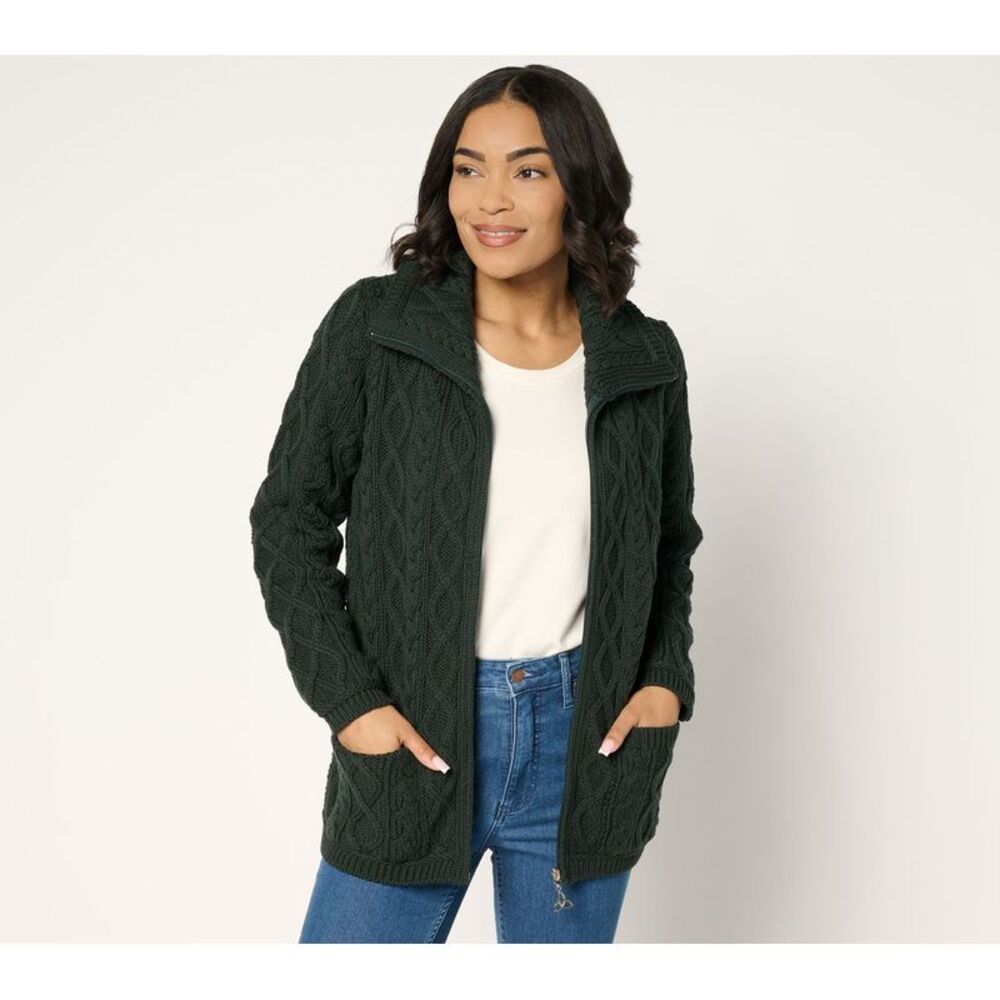 Aran Crafts Women's Top Sweater Sz M Merino Wool Zip-Front Pockets Green A706396